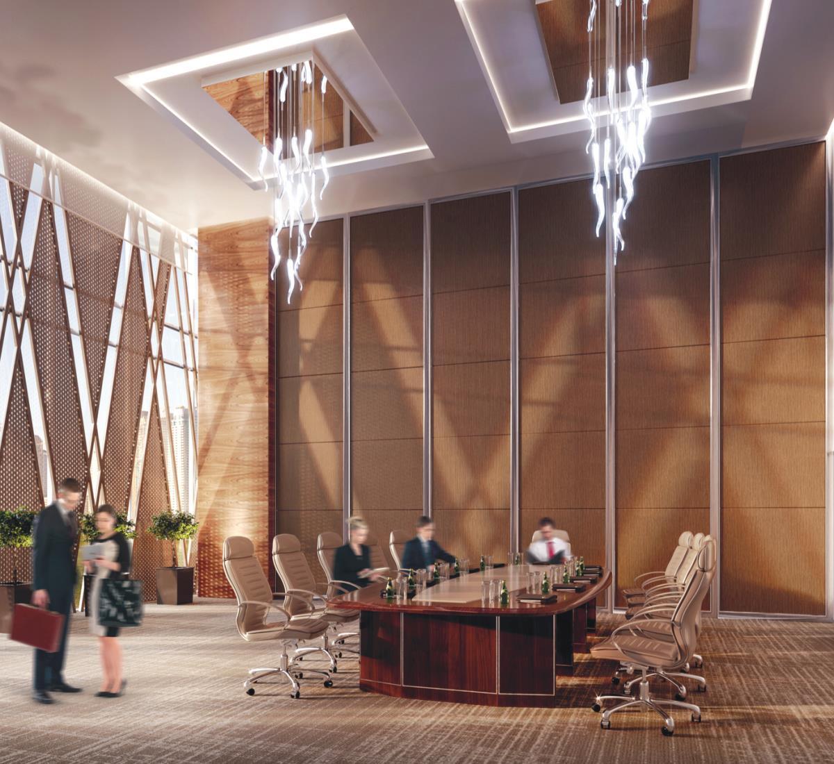 โรงแรมแกรนด์ คอสโมโพลิตัน - ดูไบ ภายนอก รูปภาพ The image depicts a modern conference room with a large, polished wooden table surrounded by several ergonomic chairs. The room features a sleek and stylish design, with floor-to-ceiling windows letting in natural light and showcasing a contemporary 